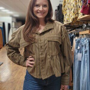 Printed Corduroy Babydoll Style Button Up Jacket - Walnut Mix